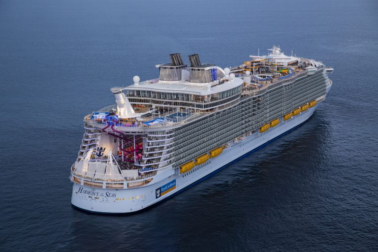 HM, Harmony of the Seas, Aerial, Offshore Barcelona (Spain) June 6, 2016, 3/4 view aft, rear, starboard side, at sea,