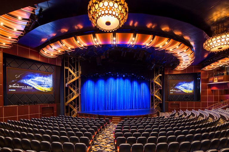 SY, Symphony of the Seas, Royal Theater - Royal Promenade - Deck 4/5 Forward Center, seating, seats, chandelier lamp, lighting, stage, curtain, auditoreum, hall,