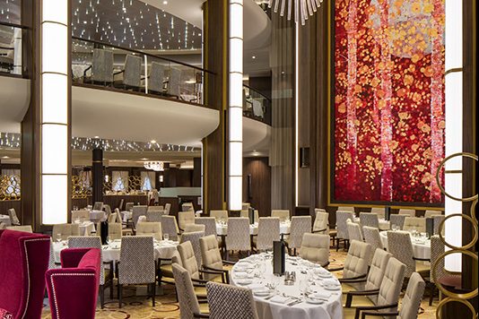 SY, Symphony of the Seas, Main Dining Room - Deck 3/4/5 Aft Center, chandelier lamp, artwork, three stories, tiers, table settings, chairs,