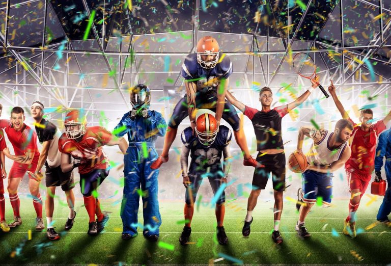 successful football, soccer, basketball, baseball, tennis players, cars, boxing fighters on professional 3D basketball court arena in lights with confetti, serpantine and smoke. collage, multi ,sport