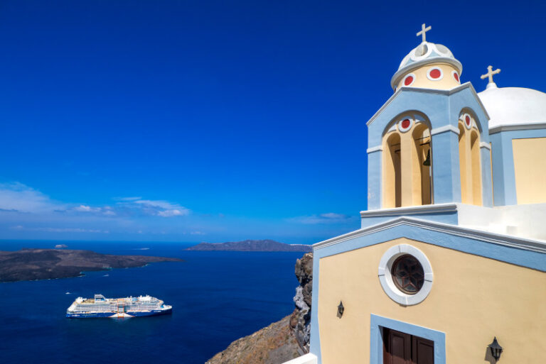 Celebrity Apex, AX, Santorini, Greece, ship exterior, aerial, Europe, Mediterranean, church, blue roof, bells, bell tower, Greek Isles