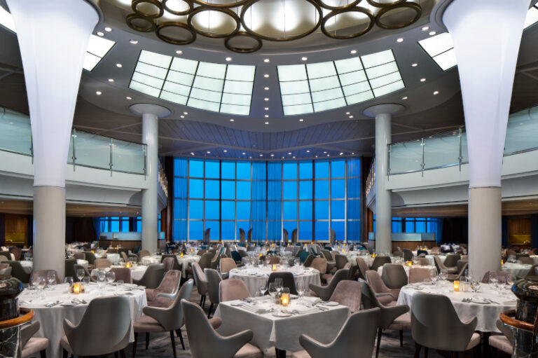 Celebrity Revolution, Celebrity Millennium, Celebrity Summit, ML, SM, revitalization, revite, renovations, Millennium Class, Metropolitan Restaurant, main dining room, chandelier, light fixture, light installation, design, pillars, windows