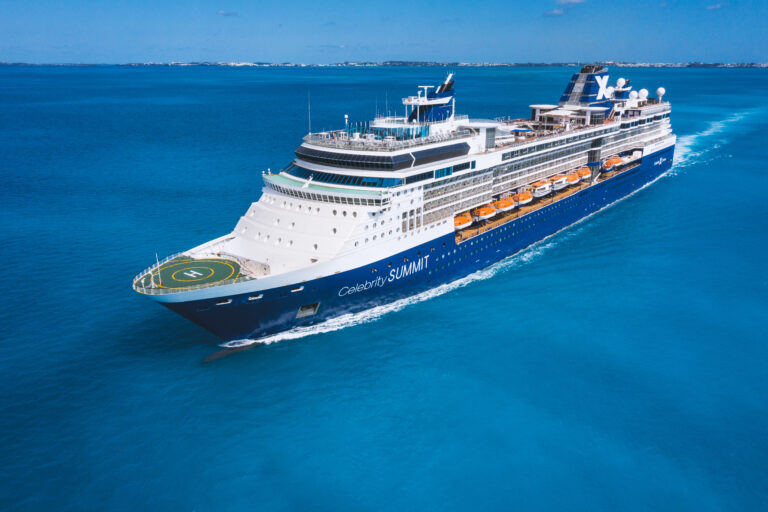 Celebrity Summit, SM, Revolution, aerial, drone, ship exterior, blue hull, Bermuda, water, ocean, clouds, sky