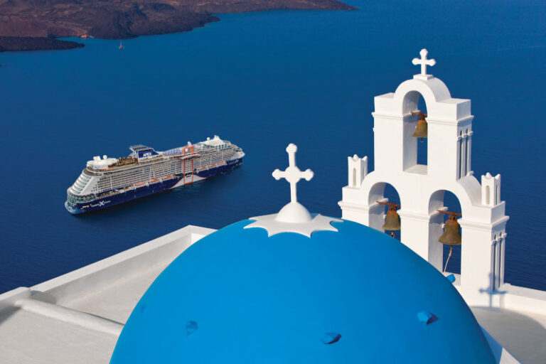 Celebrity Apex, AX, Santorini, Greece, ship exterior, aerial, Europe, Mediterranean, church, blue roof, bells, bell tower